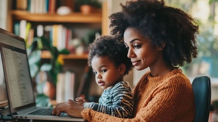 Image of a mother holding her baby while working on a laptop 