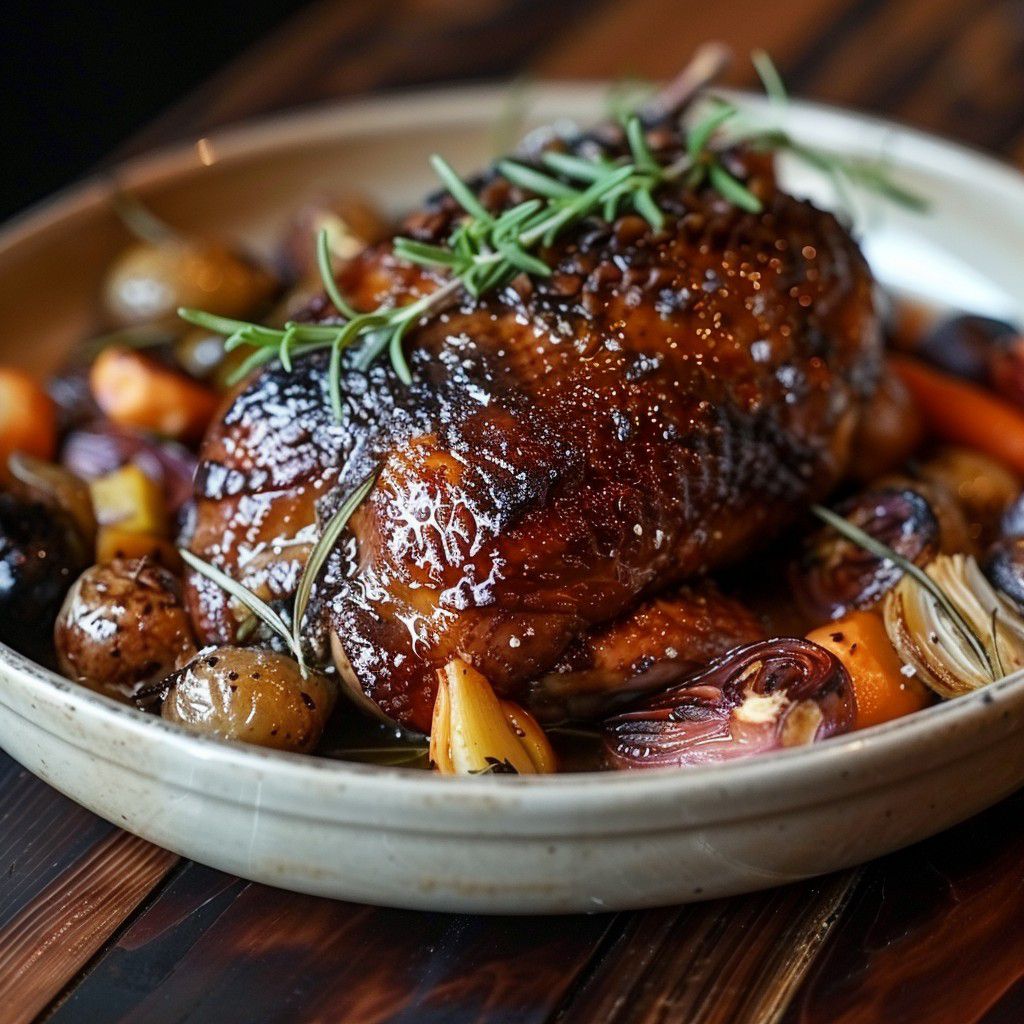 A platter with roast chicken, onions, and assorted vegetables 