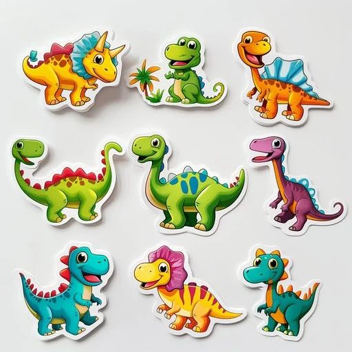 An image of assorted brightly coloured dinosaur stickers