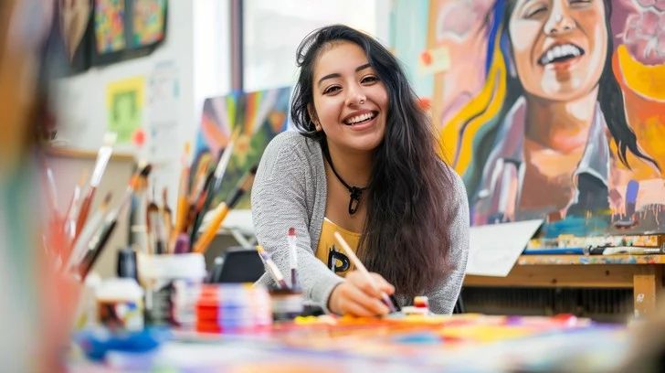 An image of a pretty young woman artist in her art studio 