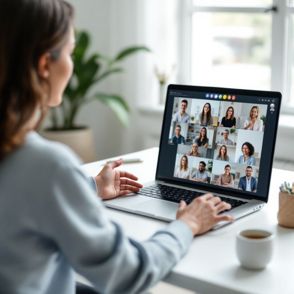 A lady on a virtual coaching session with several clients on an online conference platform 